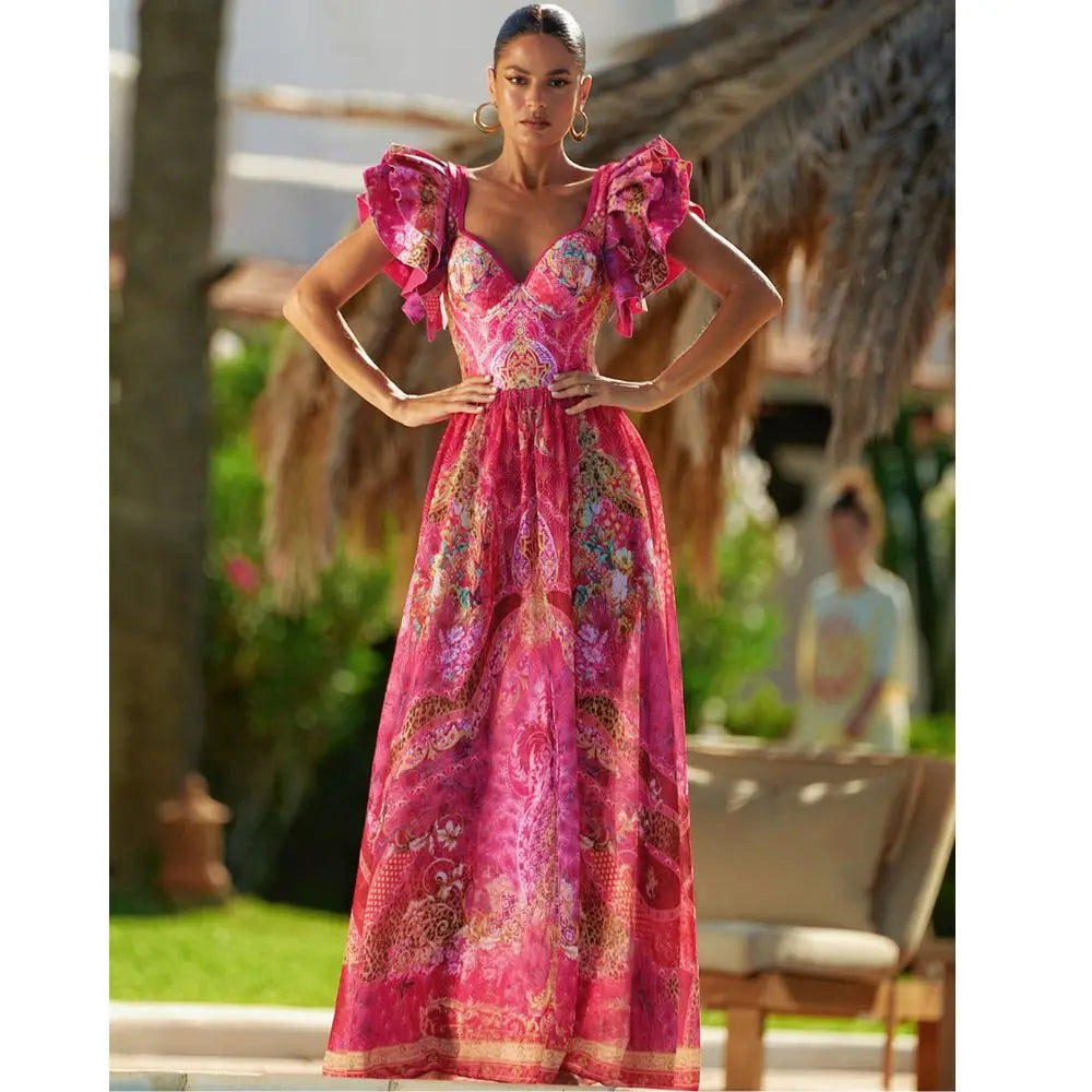 FLAXMAKER  Ruffled Rose Red Blooming Flower Print One Piece Swimsuit and Skirt Women Beachwear Luxury Bathing Suit