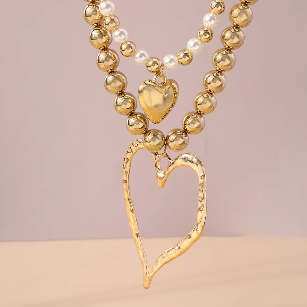 Exaggerated Hollow Big Heart Pendant Necklace for Women Girls CCB Ball Beads Necklace Party Club Punk Jewelry Gifts