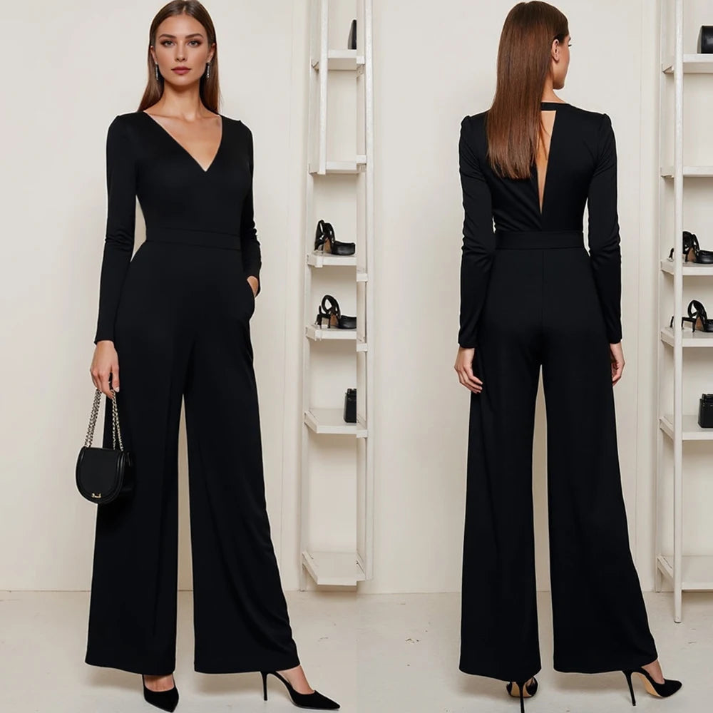 Mia Muse Women's Jumpsuits All Season French Elegant Solid Color Waist In Design  Long Sleeve Plunge Neck Wide Leg Suitable for