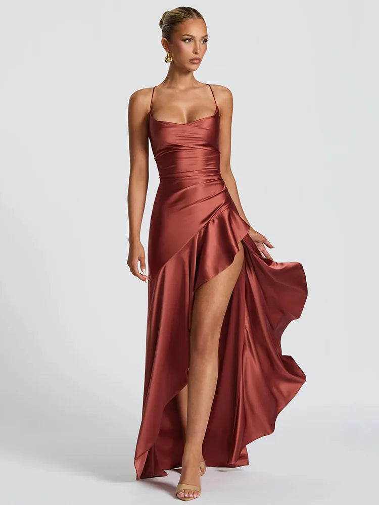 Articat Elegant Spaghetti Strap Satin Split Maxi Dress Women Sexy Backless Bodycon Party Evening Dress Summer Holiday Beachwear