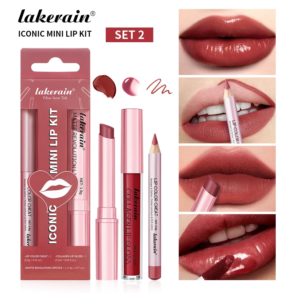 3pcs Lip Makeup Set Lip Liner Lip Gloss Lipstick Mirror Effect Beep Lips High Color Long-lasting Hydrates Travel Mini Set