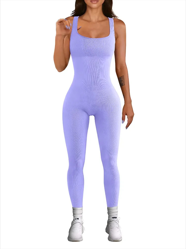 Women's Sleeveless Yoga Jumpsuit Exercise Ribbed Square Neck Vest High Waist  Fitness Sports One-piece Yoga Suit
