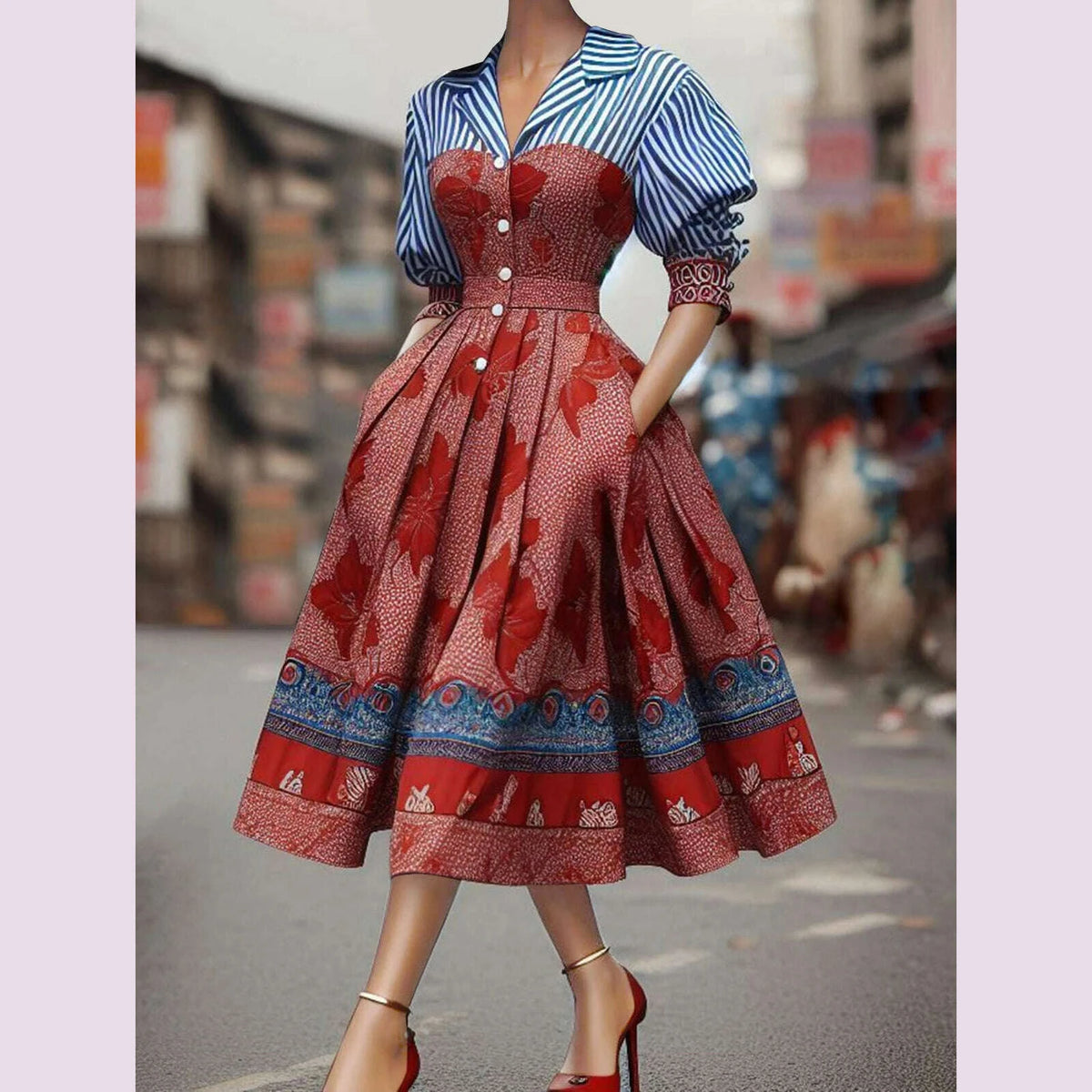 Elegant Women's Dress Striped Floral Patchwork Turndown Collar Shirt Mid-Length Waisted Evening Party Dress Women's Midi Dress