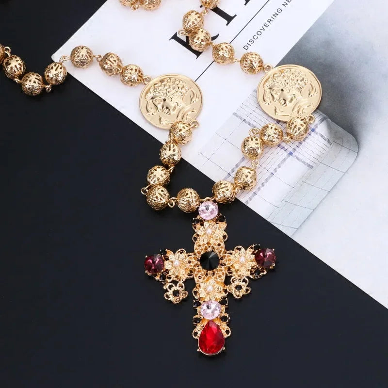 2024 Baroque Cross Holloway crystal antique necklace, fashion show premiere palace-style women's necklace, sweater chain