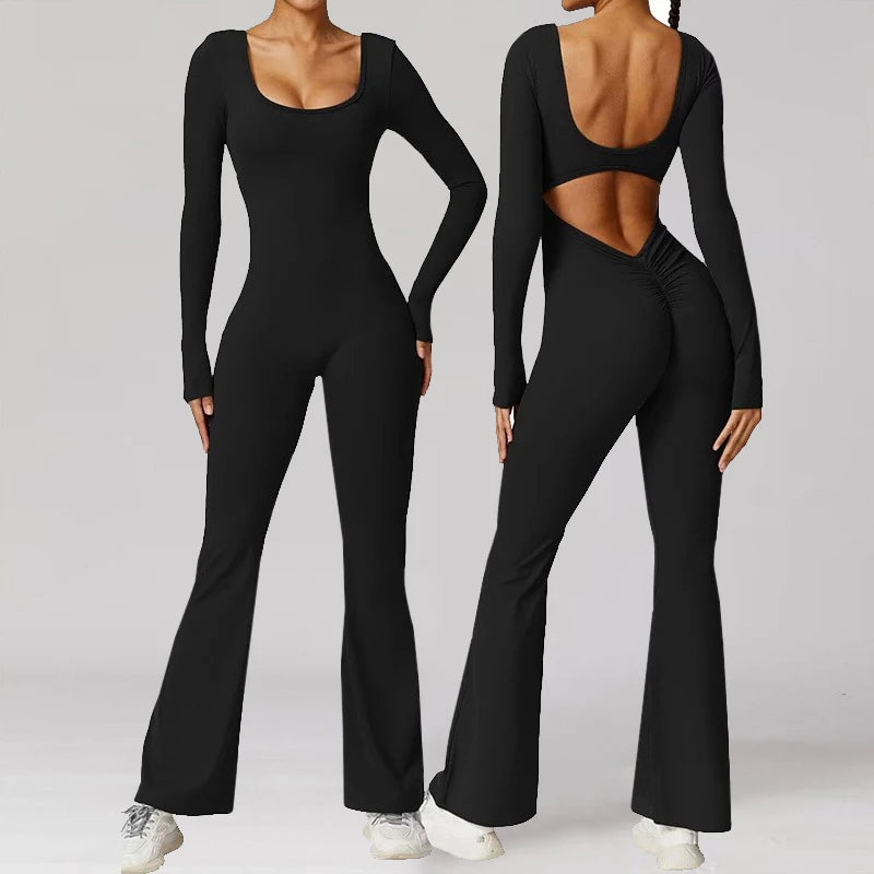 long sleeved jumpsuit U-neck tight and sexy backless jumpsuit for autumn and winter yoga sports and leisure series