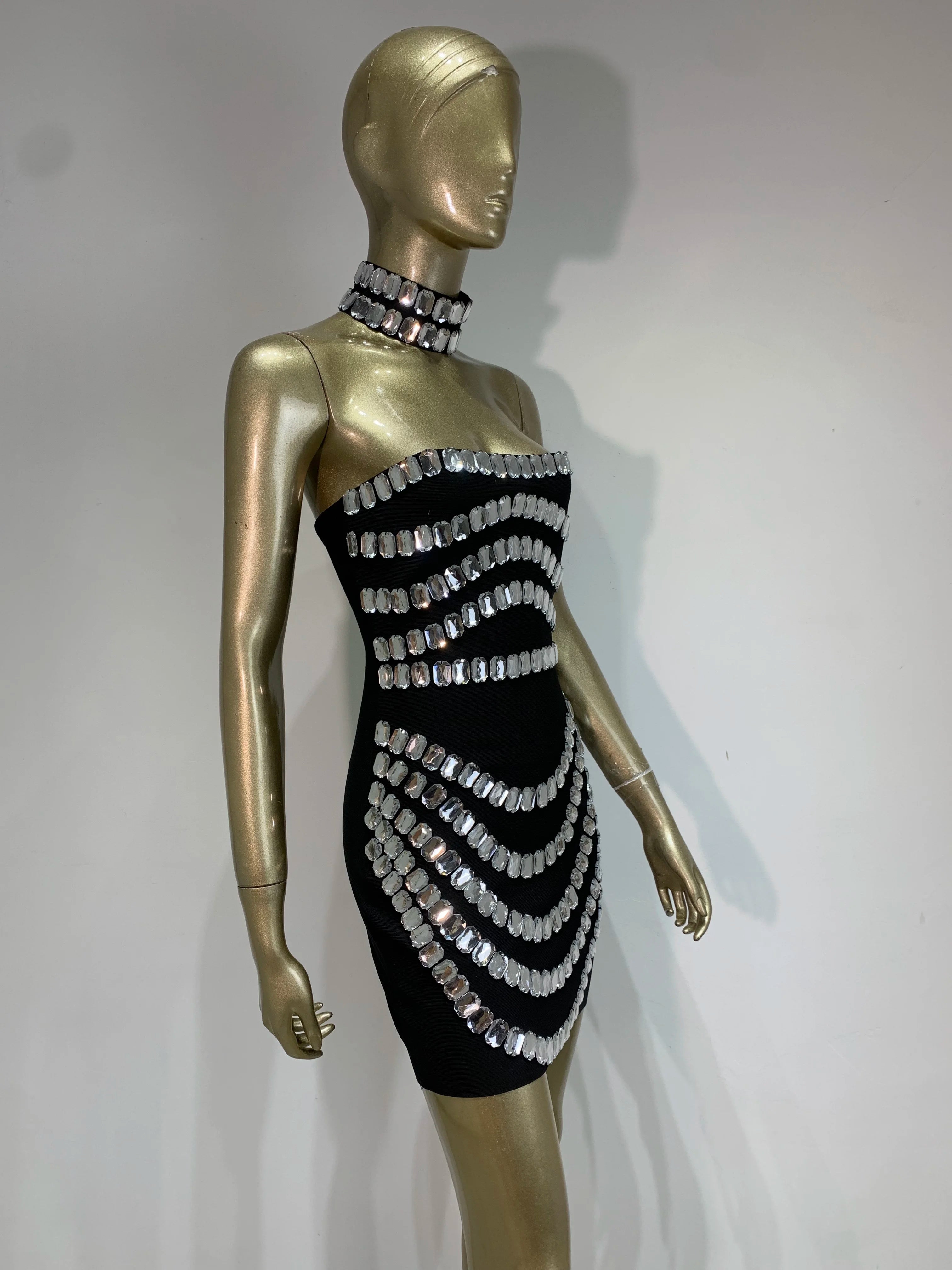 Brand New Ins 2025 Women Black Strapless Crystal Bandage Bodycon Dress Designer Collar Elegant Mini Evening Party Dress Vestido