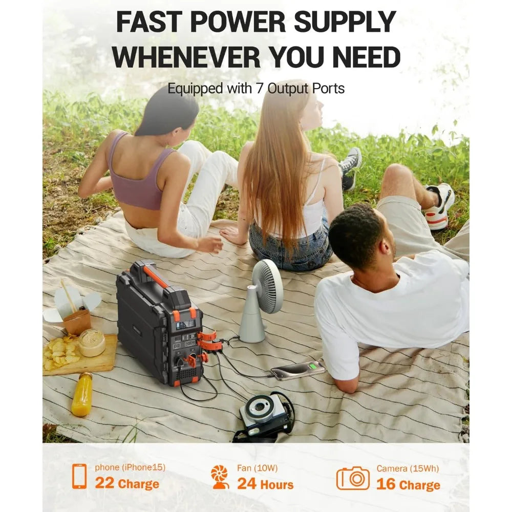 Portable Power Station with Hidden Folding Solar Panel, Self-charge & Pass-through Charging, 284Wh Battery Backup, AC 300W