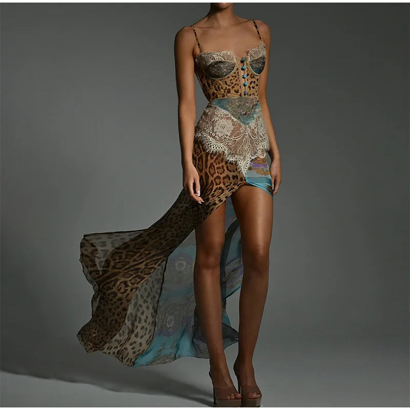 Summer Beach Leopard Print Dress Sexy Lace Split Patchwork Chiffon Dresses Women Elegant Sleeveless Backless Beach Evening Gowns