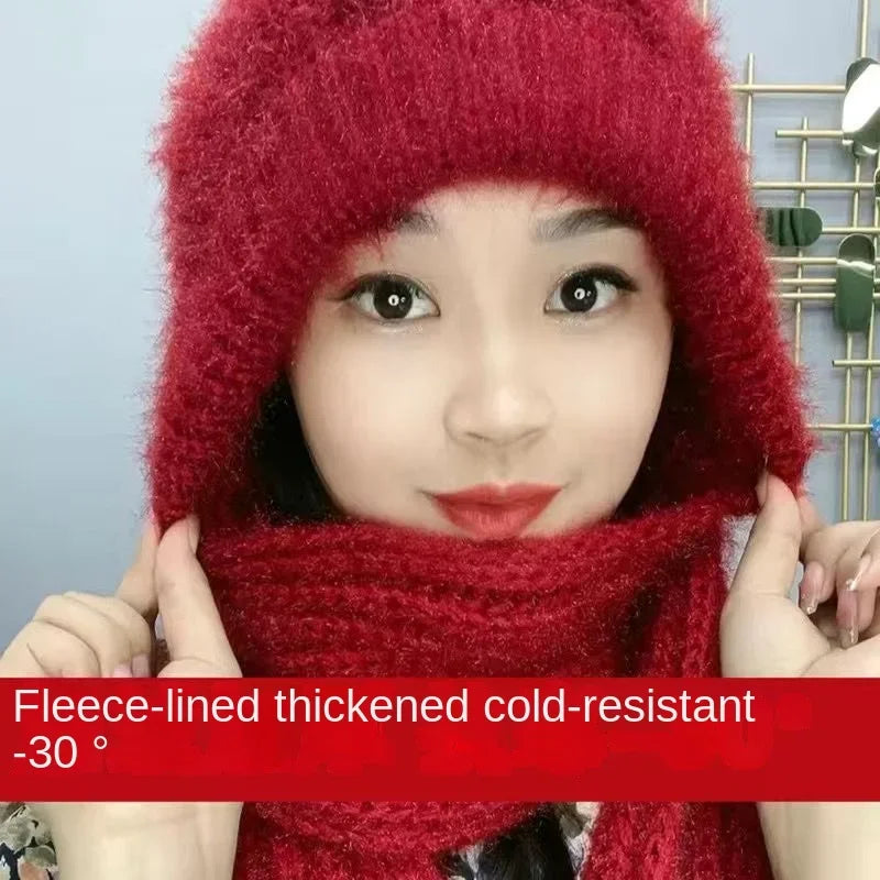 New Plush and Thickened Scarf Integrated Wind and Snow Hat, Autumn and Winter Squirrel Fluff Thread Hat for Warmth - KIMLUD