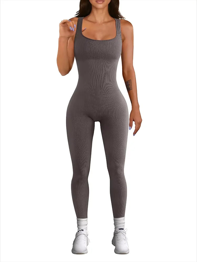 Women's Sleeveless Yoga Jumpsuit Exercise Ribbed Square Neck Vest High Waist  Fitness Sports One-piece Yoga Suit