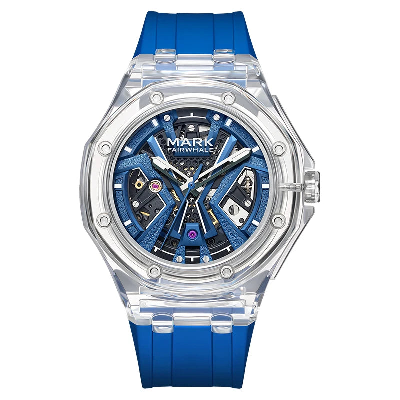 Mark Fairwhale Men's Fashion Automatic Mechanical Watch Sporty Casual Style with Transparent Case Silicone Strap Waterproof