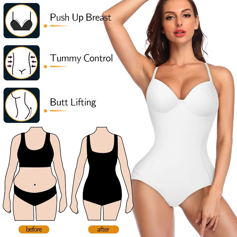 Women Sexy Body Shapewear Bodysuits Built-In Bra Camisole Tops  Waist Trainer Slim Full Body Shaper Lingerie With Underwire Cup