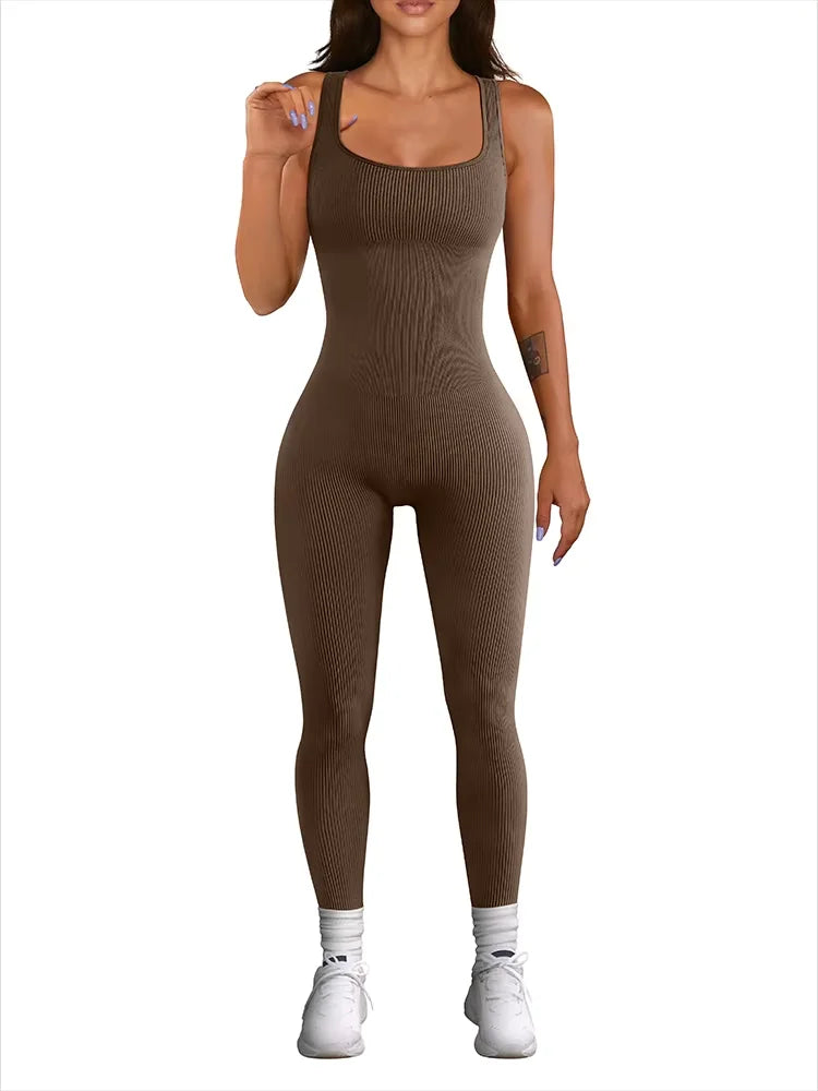 Women's Sleeveless Yoga Jumpsuit Exercise Ribbed Square Neck Vest High Waist  Fitness Sports One-piece Yoga Suit