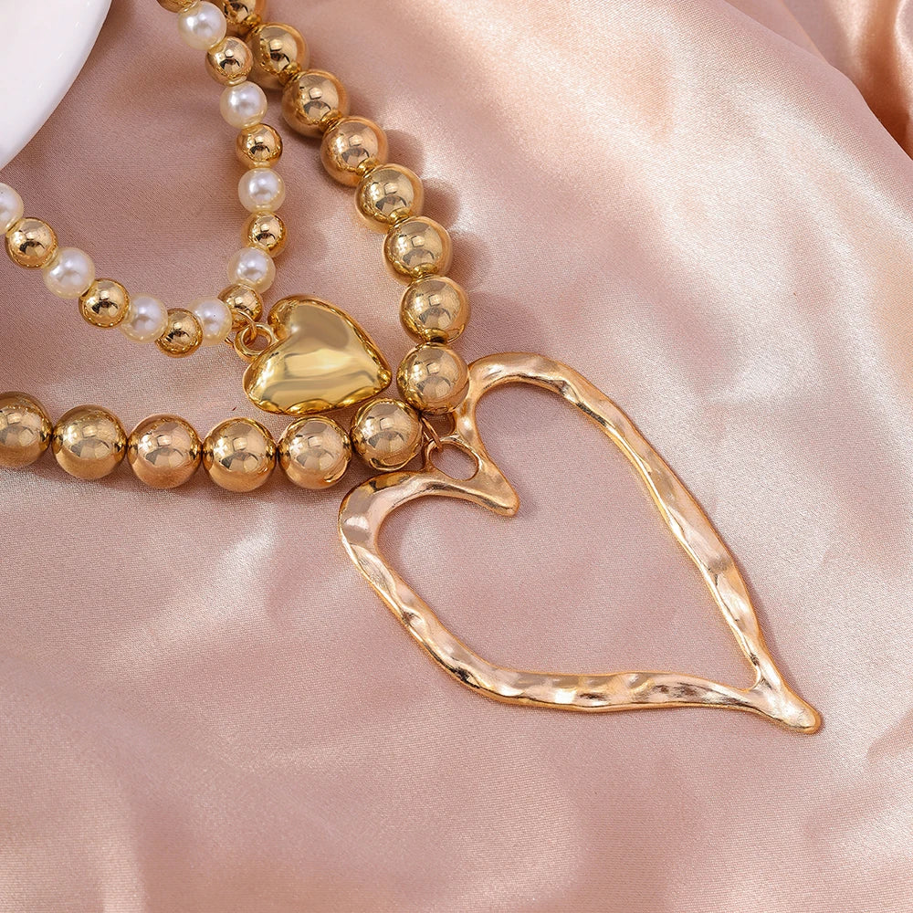 Exaggerated Hollow Big Heart Pendant Necklace for Women Girls CCB Ball Beads Necklace Party Club Punk Jewelry Gifts