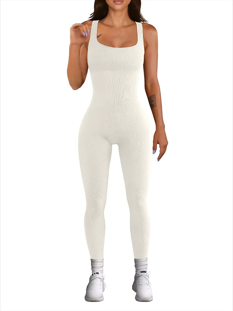 Women's Sleeveless Yoga Jumpsuit Exercise Ribbed Square Neck Vest High Waist  Fitness Sports One-piece Yoga Suit