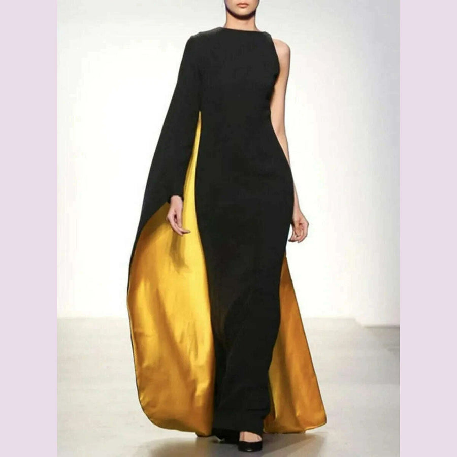 Freeacy 2024 Women's Asymmetric Elegant Evening Dresses Round Neck One-sleeves Slim Fit Maxi Dress Cap Sleeves Party Dress