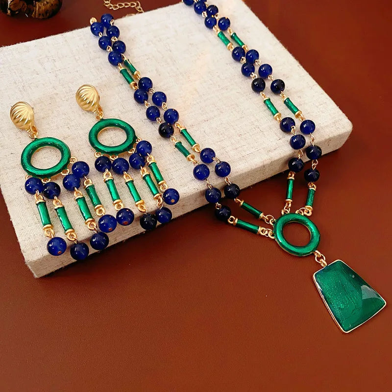 Three Pieces Vintage Drop Oil Jewelry Set Silver Needle Bamboo Knot Tassel Earrings Light Luxury Exaggerated Necklace Sets Women