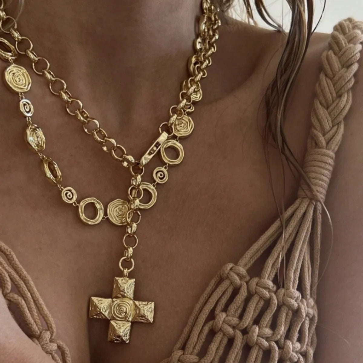 Punk 18K Gold Plated Stainless Steel Big Cross Pendant Necklace for Women Fashion Party Jewelry Gift