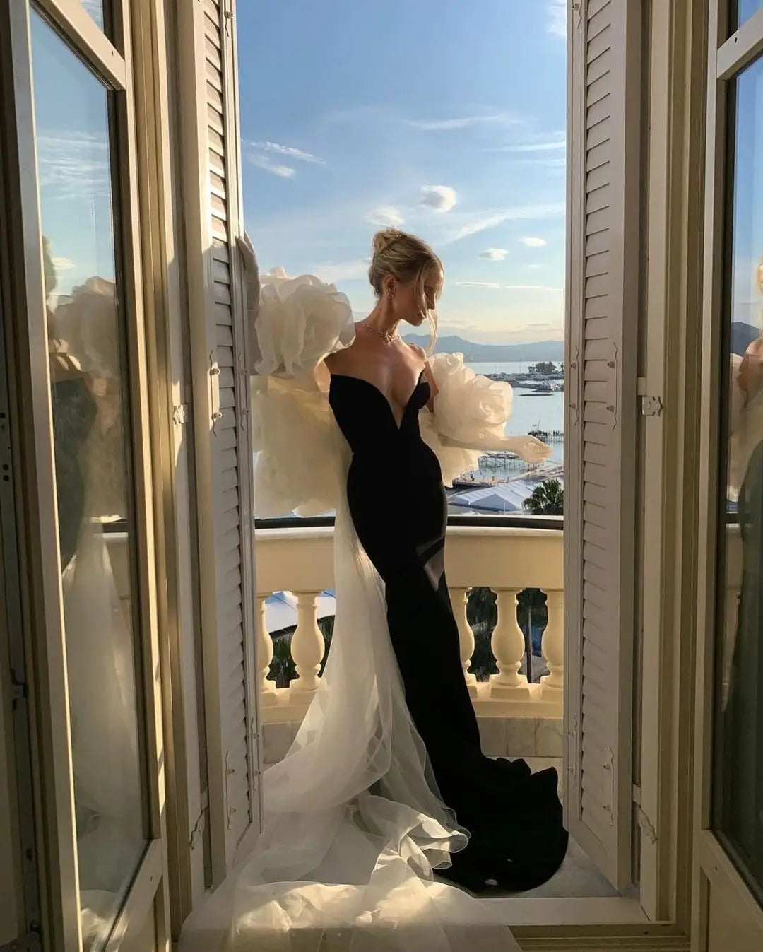 KIMLUD, Stunning Black Mermaid Evening Dresses with Detachable Cape Train Tulle Ruffled Flower Chic Celebrity Gown Formal Occasion Dress, KIMLUD Womens Clothes