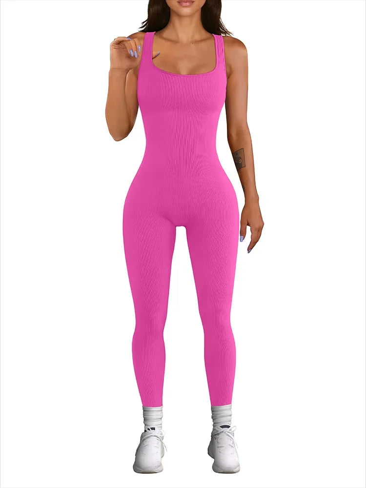 Women's Sleeveless Yoga Jumpsuit Exercise Ribbed Square Neck Vest High Waist  Fitness Sports One-piece Yoga Suit