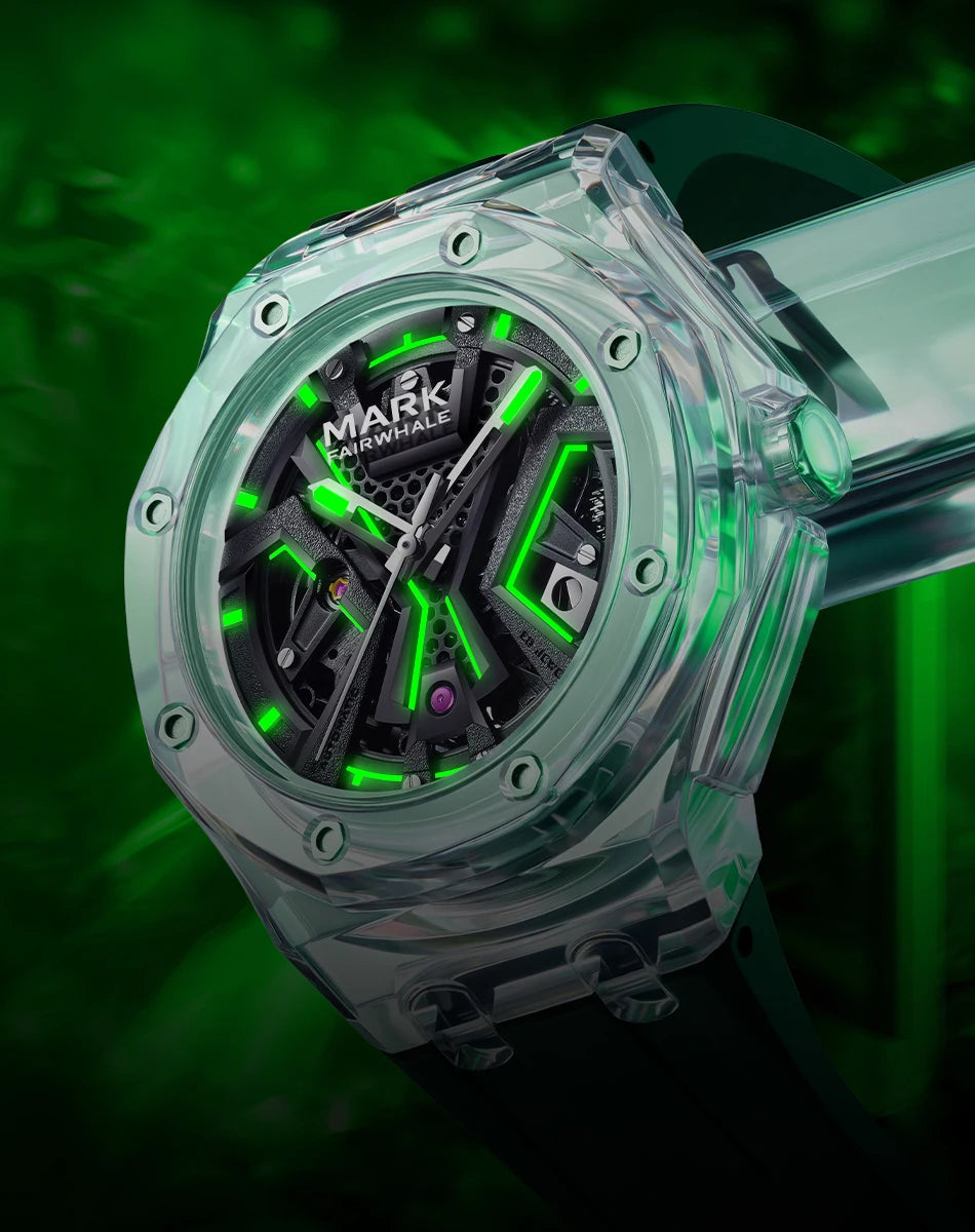 Mark Fairwhale Men's Fashion Automatic Mechanical Watch Sporty Casual Style with Transparent Case Silicone Strap Waterproof