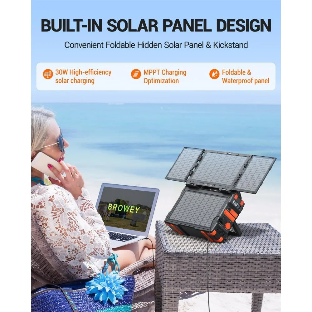 Portable Power Station with Hidden Folding Solar Panel, Self-charge & Pass-through Charging, 284Wh Battery Backup, AC 300W