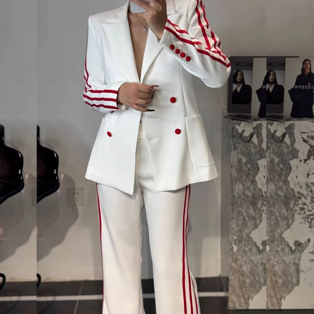 Luxury Women 2 Piece Pants Sets Double Breasted Peak Lapel Regular Length Slim Fit Female Clothing High Quality Blazer Trousers