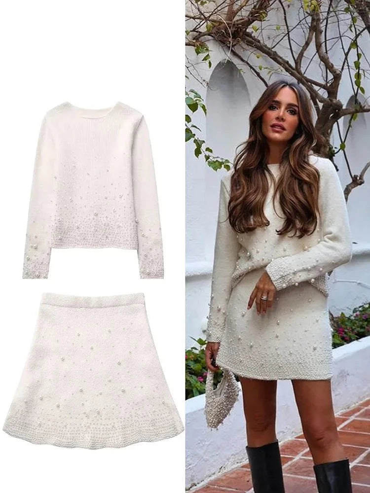Solid Pearl Knitted Skirt Sets Women Long Sleeve O-neck Elegant Fashion Pullover Sweater Mini Skirts Female Casual 2 Piece Suit - KIMLUD