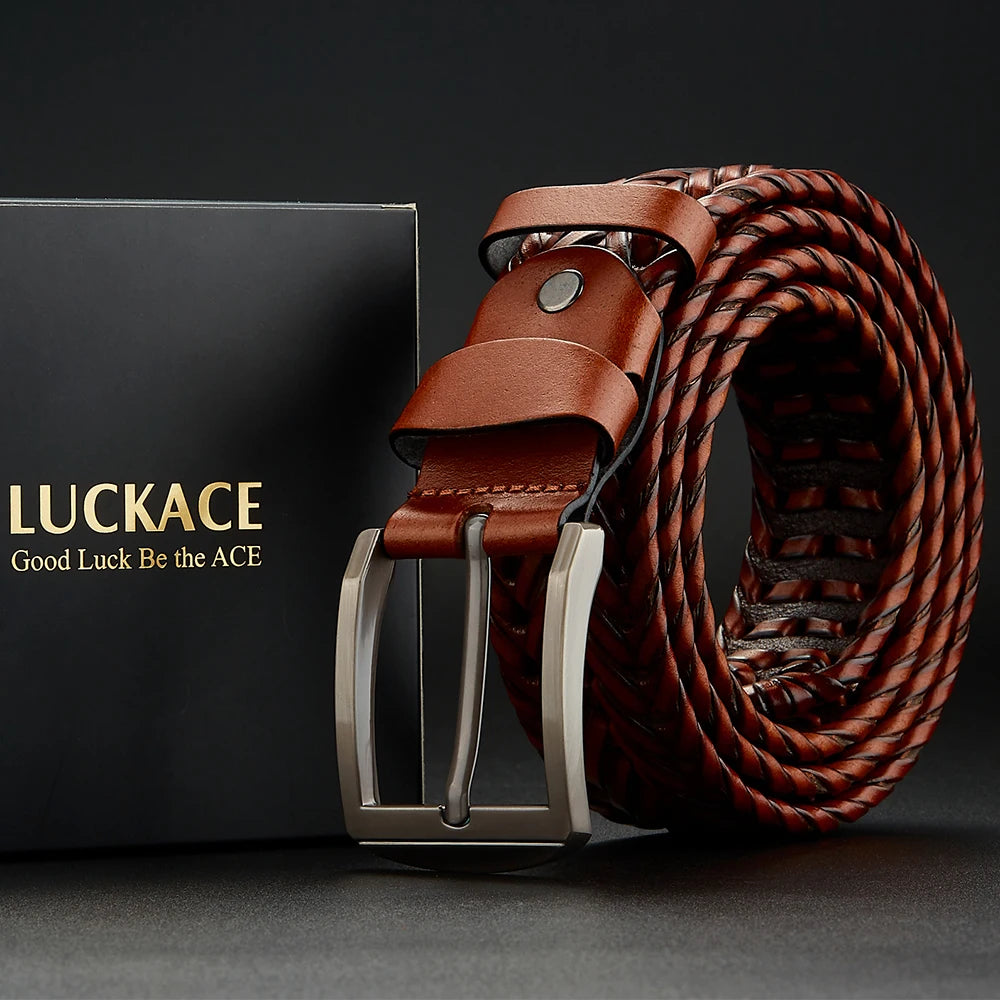 LUCKACE Genuine Leather Casual Men's Belt Trendy Golf Belts Knitted Belt With Alloy Buckle Best Gift Choice for Boyfriend/Husban