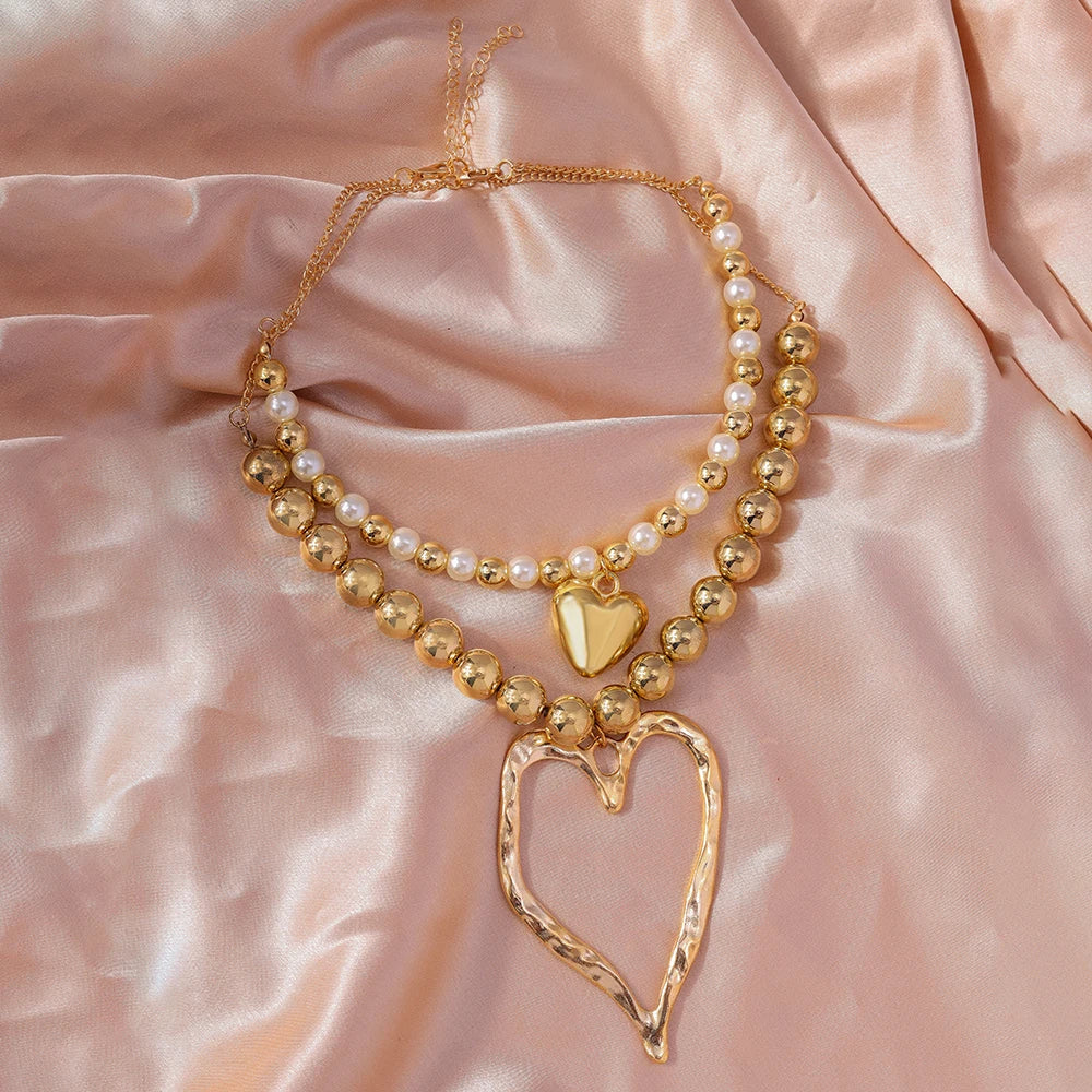 Exaggerated Hollow Big Heart Pendant Necklace for Women Girls CCB Ball Beads Necklace Party Club Punk Jewelry Gifts