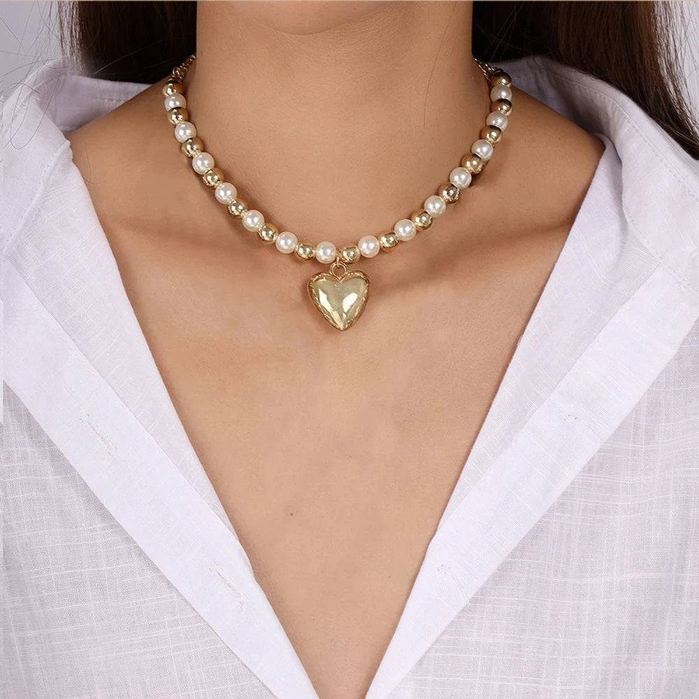 Exaggerated Hollow Big Heart Pendant Necklace for Women Girls CCB Ball Beads Necklace Party Club Punk Jewelry Gifts