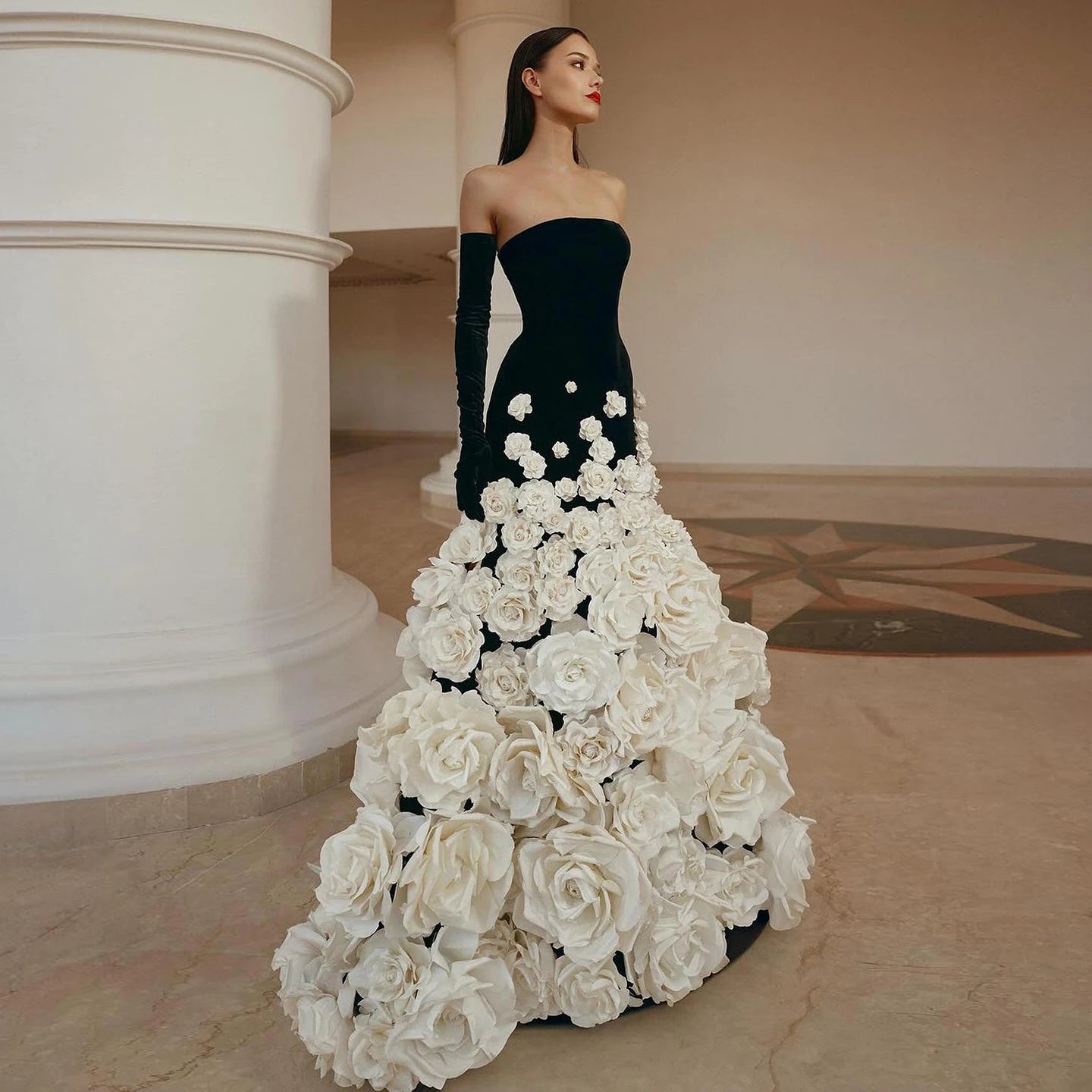 Sharon Said Luxury Dubai Black Velvet Strapless Evening Dress with Gloves 3D Flowers Women Wedding Party Gowns SS248 Customized
