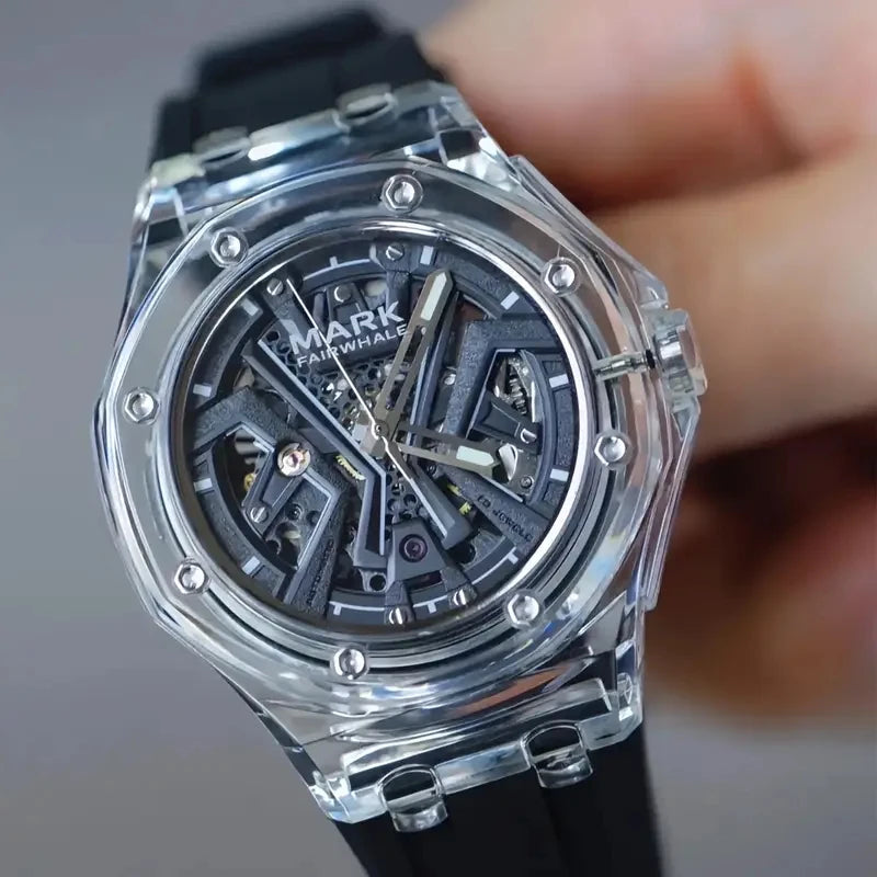 Mark Fairwhale Men's Fashion Automatic Mechanical Watch Sporty Casual Style with Transparent Case Silicone Strap Waterproof