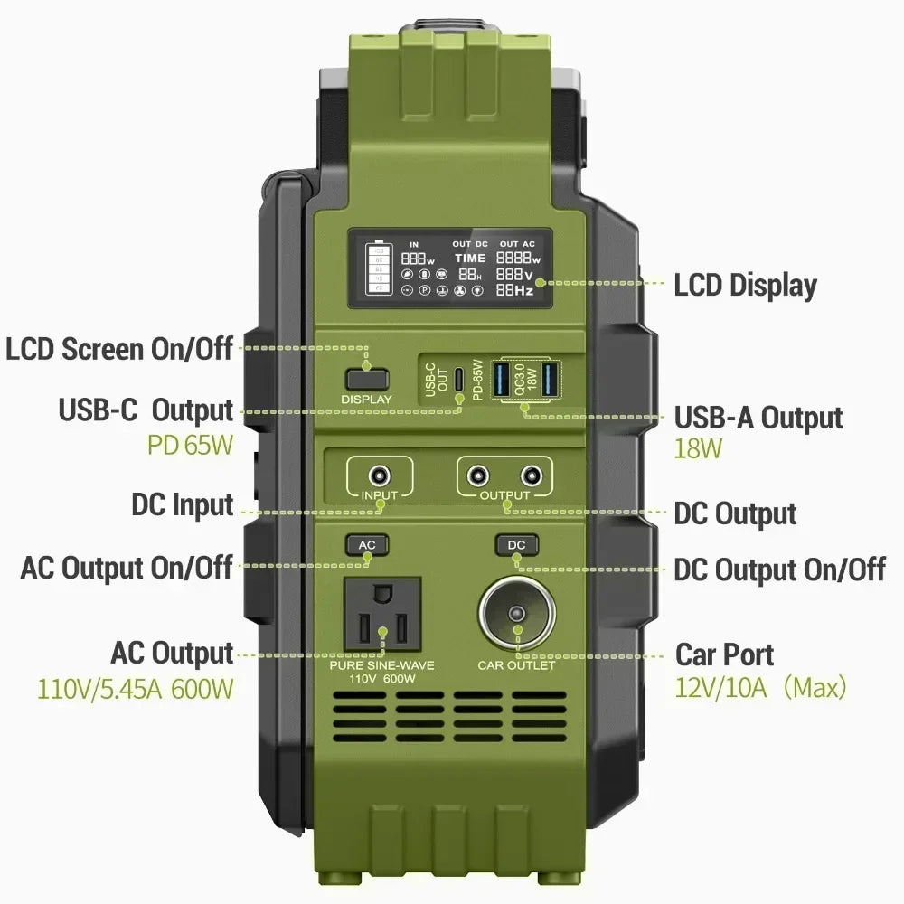 Portable Power Station 614.4Wh LiFePO4 Battery with 110V/600W(Peak 1200W) Pure Sine Wave AC Outlet for Outdoor Camping