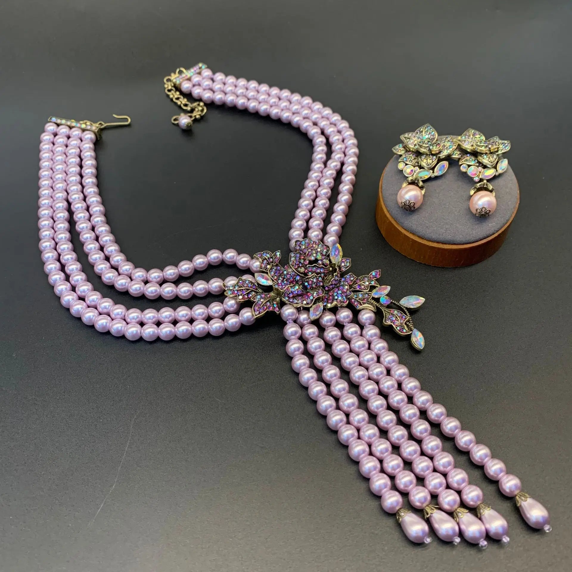 Luxury European and American Style Shining Necklace Earrings Purple Multi layered Glass Beads Flower Jewelry Set For Women