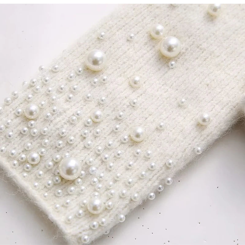 Solid Pearl Knitted Skirt Sets Women Long Sleeve O-neck Elegant Fashion Pullover Sweater Mini Skirts Female Casual 2 Piece Suit - KIMLUD