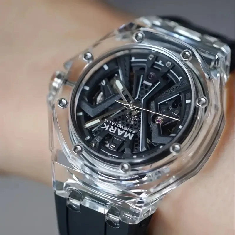 Mark Fairwhale Men's Fashion Automatic Mechanical Watch Sporty Casual Style with Transparent Case Silicone Strap Waterproof