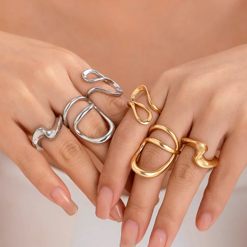 Ingemark 3Pcs Creative Irregular Twisted Metal Open Rings for Women Vintage Geometric Adjustable Finger Ring Couple Accessories