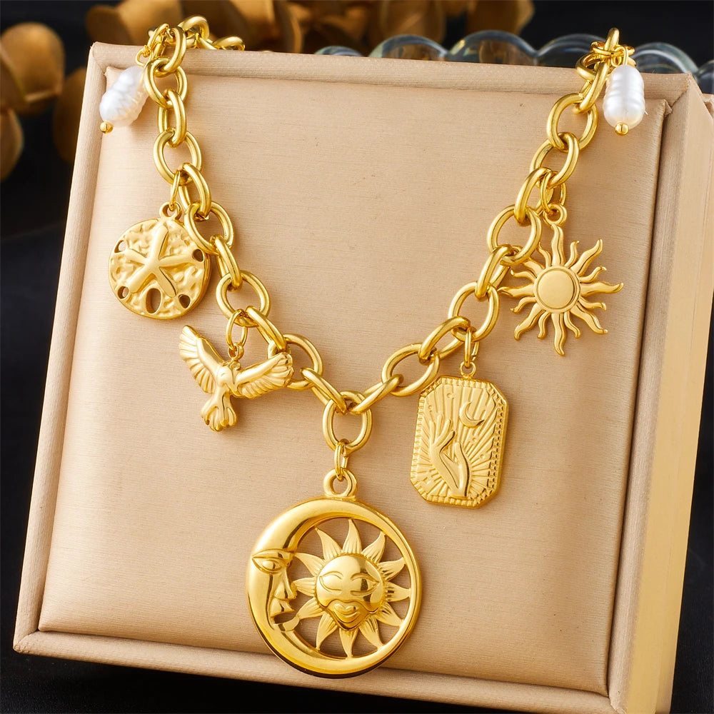 DIEYURO 316L Stainless Steel Pearl Golden Sun Moon Round Pendant Necklace For Women New Trend Fashion Neck Chain Jewelry Gift
