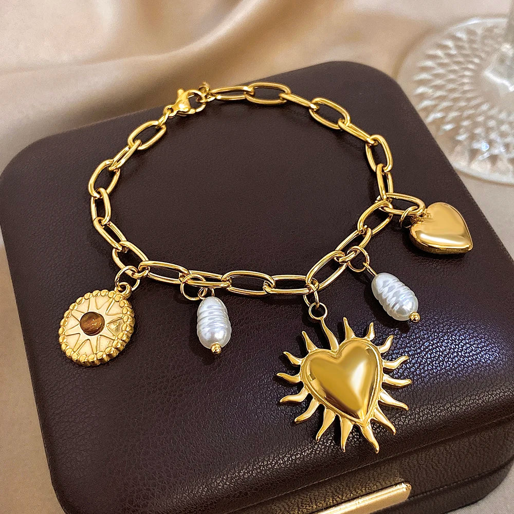 Vintage Chunky Golden Thick Chain Stainless Steel Charm Necklace Statement Chic Sun Heart Shaped Pendant Fashion Jewlery Gift