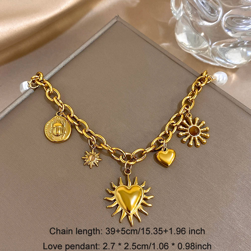 Vintage Chunky Golden Thick Chain Stainless Steel Charm Necklace Statement Chic Sun Heart Shaped Pendant Fashion Jewlery Gift