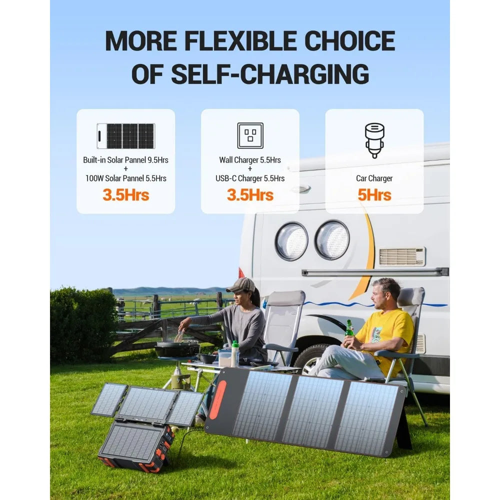 Portable Power Station with Hidden Folding Solar Panel, Self-charge & Pass-through Charging, 284Wh Battery Backup, AC 300W