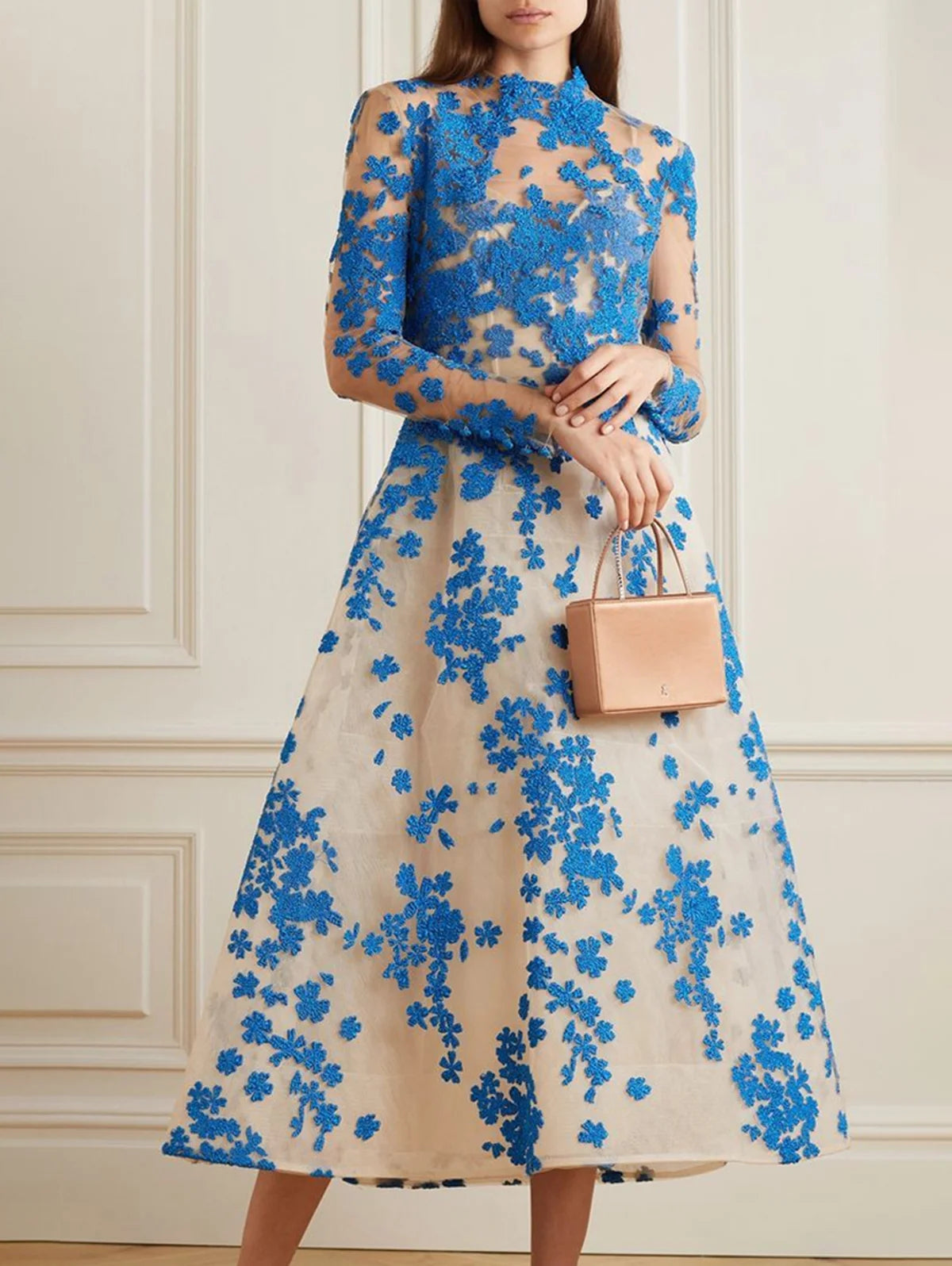 Elegant Women Dress Long Sleeve Cinch Waist Floral Appliques Pleated A-Line Fashion Party Wedding Guest Midi Dress 2025
