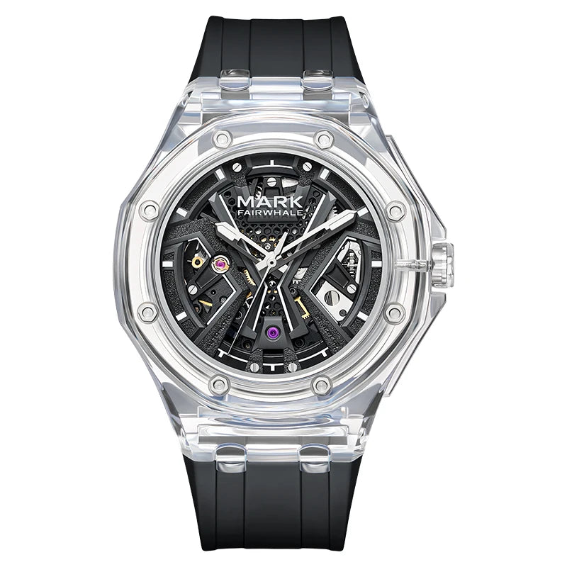 Mark Fairwhale Men's Fashion Automatic Mechanical Watch Sporty Casual Style with Transparent Case Silicone Strap Waterproof
