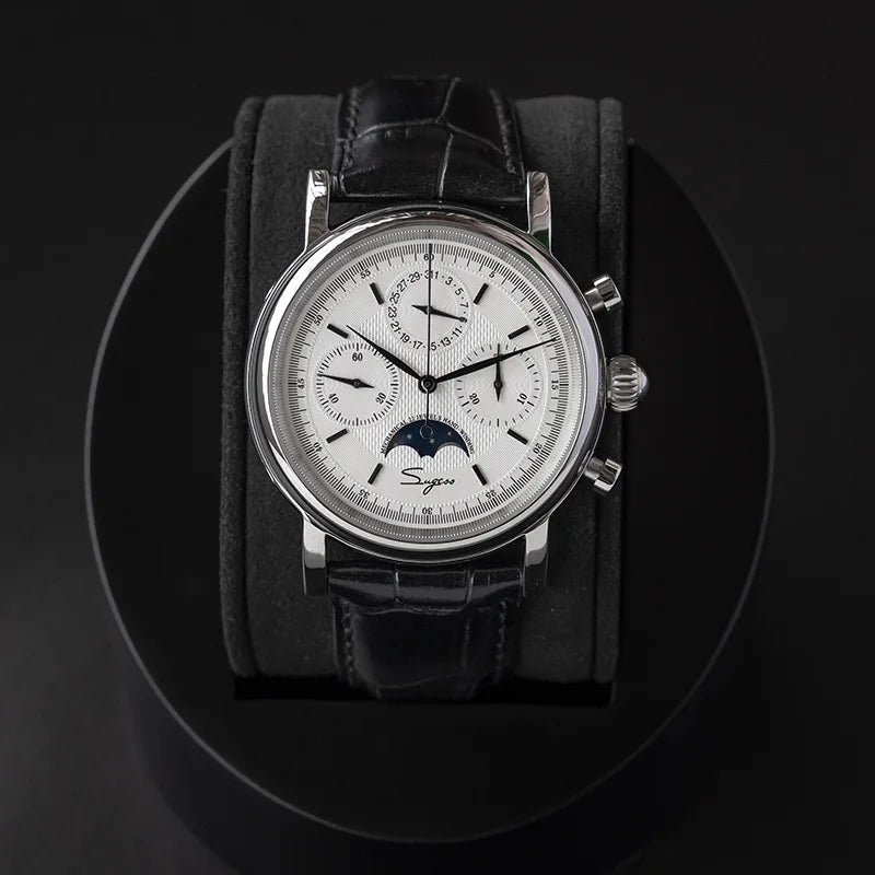 Sugess Mechanical Men Watch Original ST1908 Movement Chronograph Vintage Moonphase Genuine Leather Band Waterproof 50ATM  ST19
