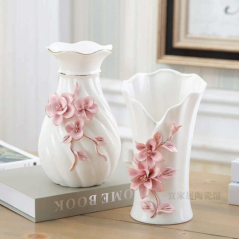 A pair of Nordic style small vases, simple white ceramic ornaments, living room, European style flower decorations, 2 pieces - KIMLUD