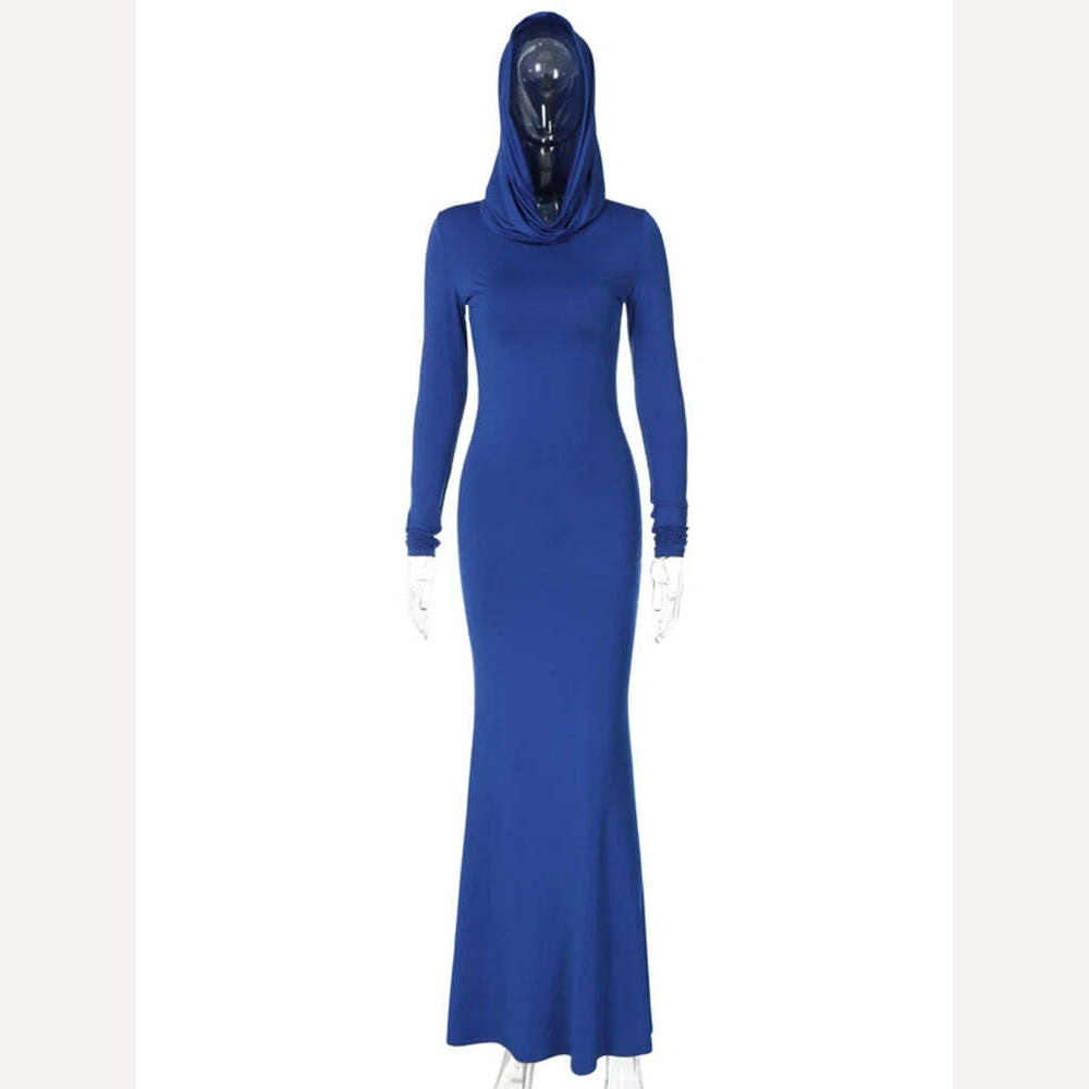 Ahagaga Fashion Sexy Solid Hooded Maxi Dresses Women Elegant Casual Long Sleeve Slim Bodycon Party Vestidos Robes Streetwear - KIMLUD