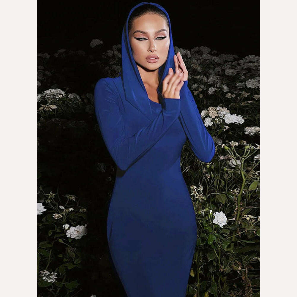 Ahagaga Fashion Sexy Solid Hooded Maxi Dresses Women Elegant Casual Long Sleeve Slim Bodycon Party Vestidos Robes Streetwear - KIMLUD