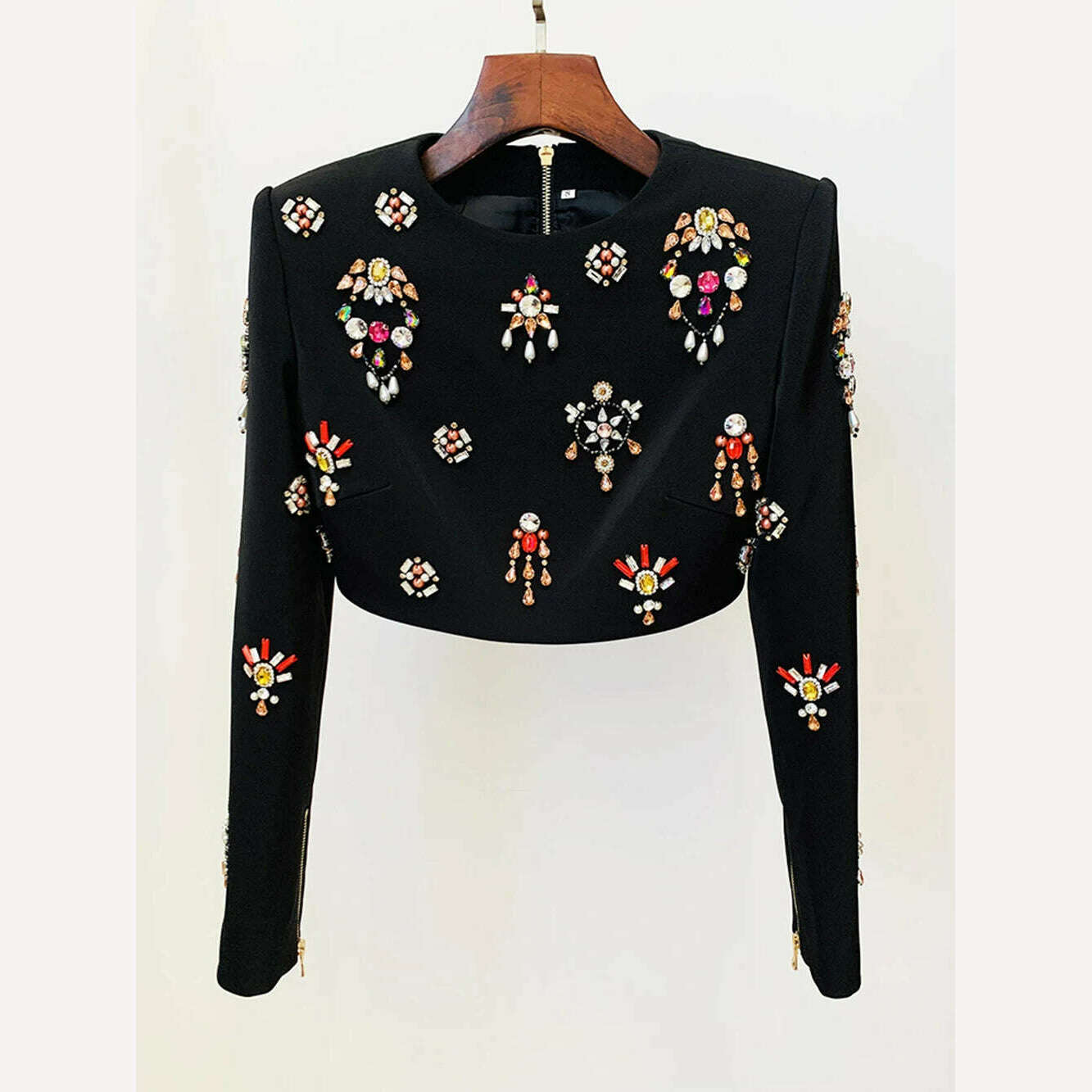 Ailigou 2023 New Autumn Women's High Quality Fashion Sexy Luxury Colorful Diamond Bead Short Top+Dress Black Two Piece Set - KIMLUD