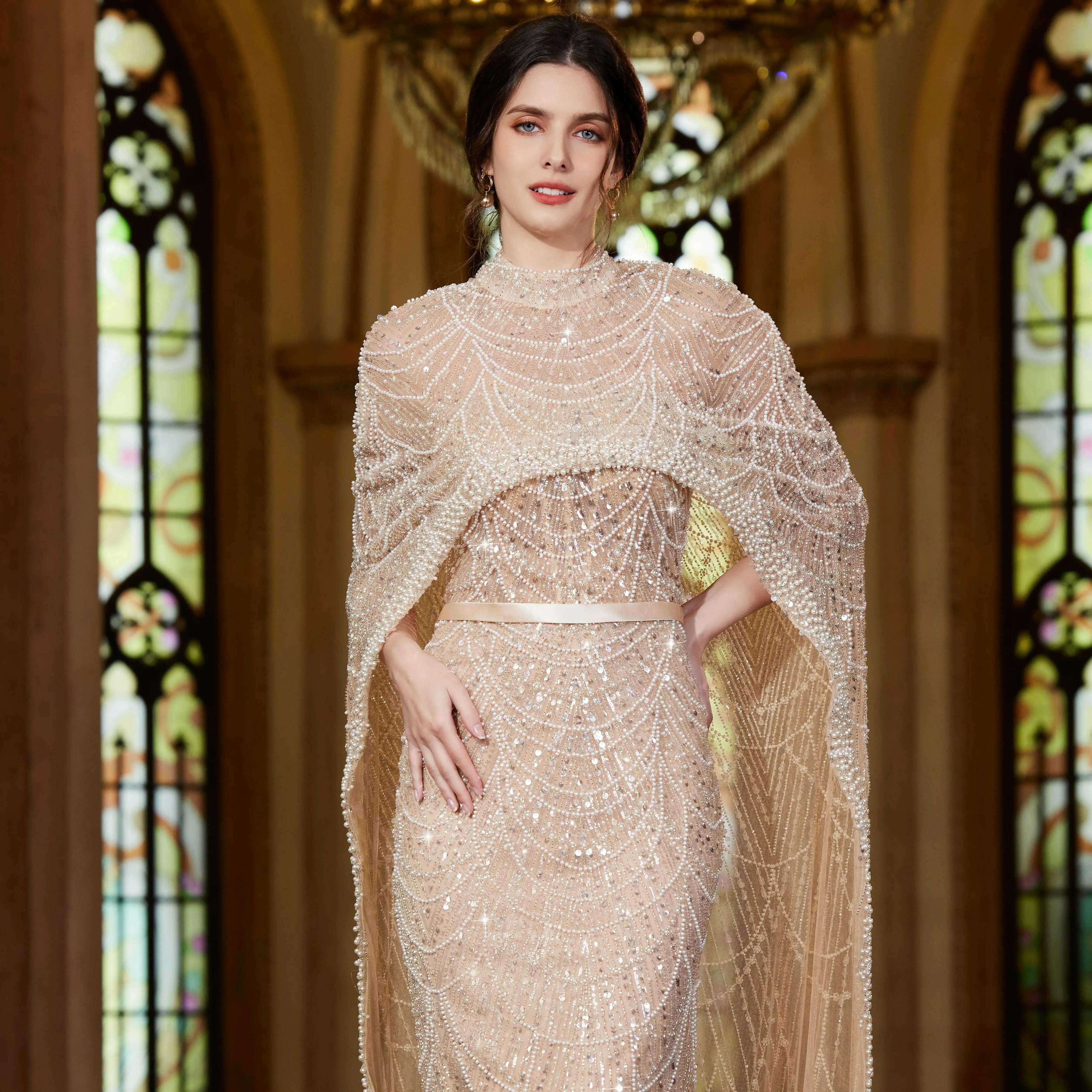 KIMLUD, Alice CollectionPro Dubai Arabic Champagne Long Evening Dress 2024 Women's Prom Evening Dresses Gown with Cape Luxury Customized, KIMLUD Womens Clothes